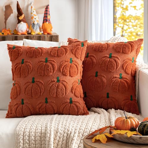 MIULEE 2er Set Kissenbezug Herbst Dekokissen Kissenhülle Sofakissen Wolle kürbis Couchkissen Kuschelkissen für Halloween Thanksgiving Karamell Grüner Stiel 45x45CM von MIULEE