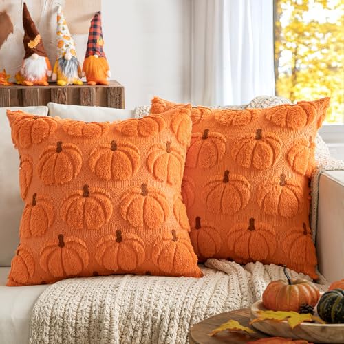 MIULEE 2er Set Kissenbezug Herbst Dekokissen Kissenhülle Sofakissen Wolle kürbis Couchkissen kuschelkissen Halloween Orange Braun Stiel 45x45CM von MIULEE
