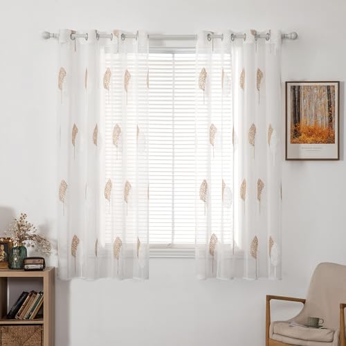 MIULEE Kurz Vorhänge Transparent mit Braun und Weiss Blätter Muster, Modern Stickerei Gardinen Ösen Für Kleines Fenster Kurzgardine, 2er Set Schöne Blätter Muster Vorhang Fenster H 145 x B 140 von MIULEE