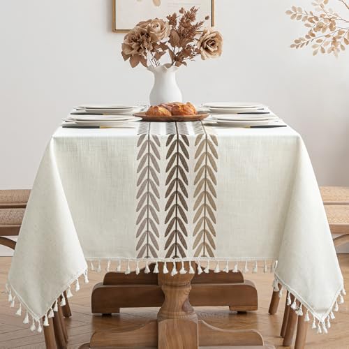 MIULEE Leinen Tischdecke 140x180cm Beige Blätter Leinenoptik Tischdecke Abwaschbar Table Cloth Boho Tischdecke Quadratisch für Küchentisch und Outdoor Tischtuch von MIULEE