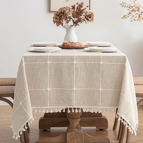 MIULEE Leinen Tischdecke 140x180cm Beige kariert Leinenoptik Tischdecke Abwaschbar Table Cloth Boho Tischdecke Quadratisch für Küchentisch und Outdoor Tischtuch von MIULEE