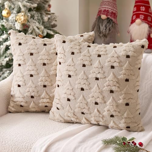 MIULEE Weihnachten Kissenbezug 2er Set Kurz Wolle und Samt Kissenbezüge Weihnachtseko Luxuriöses Winter Zierkissenbezug für Sofa Schlafzimmer Wohnzimmer, Weihnachtsbaum, Creme Beige, 40x40cm von MIULEE