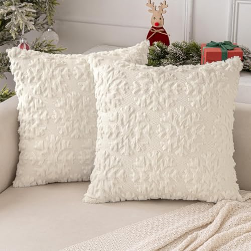 MIULEE Weihnachten Kissenbezug Weihnachtstag 2er Set Kurz Wolle und Samt Kissenbezüge Deko Luxuriöses Winter Zierkissenbezug für Sofa Schlafzimmer Wohnzimmer, Runde Schneeflocken, Creme, 40x40cm von MIULEE