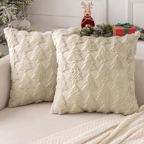 MIULEE Weihnachten Kissenbezug Weihnachtstag 2er Set Kurz Wolle und Samt Kissenbezüge Deko Luxuriöses Winter Zierkissenbezug für Sofa Schlafzimmer Wohnzimmer, Weihnachtsbaum, Beige, 45x45cm von MIULEE