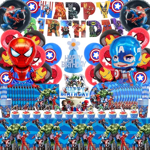 100 Stück Superhelden Partygeschirr Geburtstagsdeko Set, Superhelden Deko Geburtstag Kinder, Avengers Party Dekoration Supplies Geschirr Teller Geburtstagshut Tischdecke Servietten Pull Flag von MIUNUO