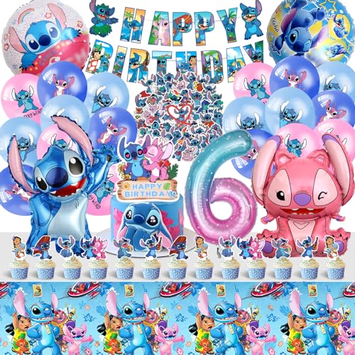 100pcs Stitc Geburtstagsdeko 6 Jahre, Lil und Stitc Ggeburtstag Deko, Stitc Deko Geburtstag, Stitc Kuchen Deko, Stitc Sticker, Stitc Ballons,Stitc Tortendeko für Kindergeburtstag von MIUNUO