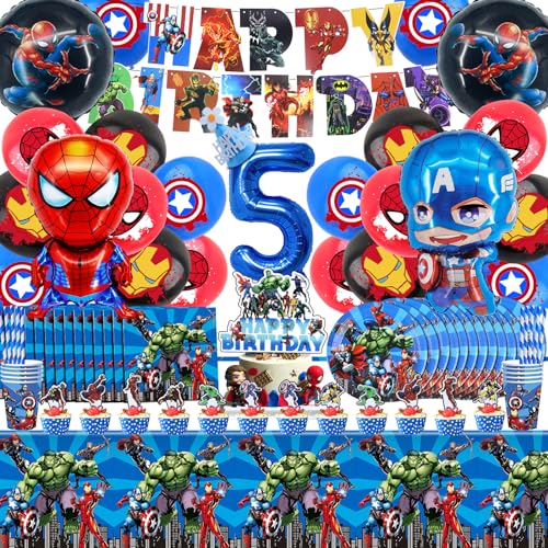 101 Stück Superhelden Partygeschirr Geburtstagsdeko Set, 5 Jahre Superhelden Party Dekoration Supplies, Superhelden Deko Geburtstag Kinder Geschirr Teller Geburtstagshut Tischdecke Servietten von MIUNUO