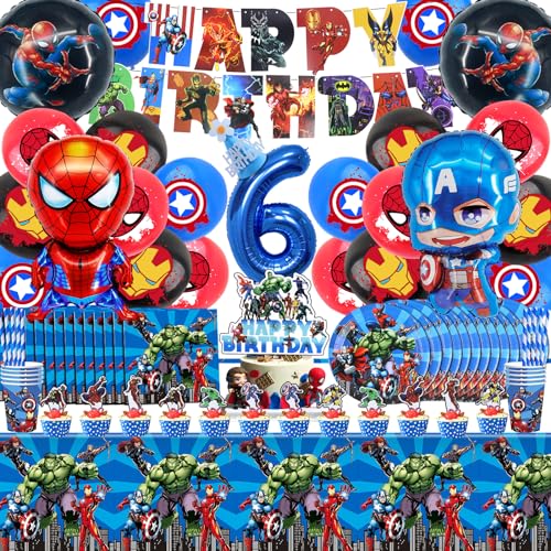 101 Stück 6 Jahre Superhelden Partygeschirr Geburtstagsdeko Set, 6 Jahre Superhelden Party Dekoration Supplies, 6 Jahre Superhelden Party Deko Geburtstag Kinder Geschirr Teller Geburtstagshut von MIUNUO