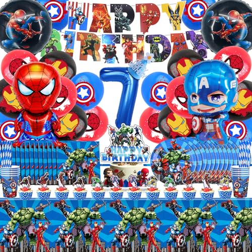 101 Stück Superhelden Partygeschirr, Superhelden 7 Jahre Geburtstagsdeko Set, Party Dekoration 7 Jahre, Superhelden Supplies Luftballons 7 Jahre, Geburtstagsdeko Geschirr Teller von MIUNUO