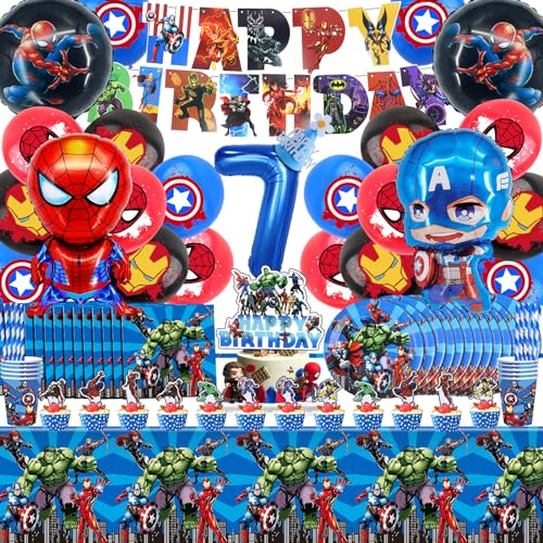 101 Stück Superhelden Partygeschirr, Superhelden 7 Jahre Geburtstagsdeko Set, Avengers Party Dekoration 7 Jahre, Superhelden Supplies Luftballons 7 Jahre, Avengers Geburtstagsdeko Geschirr Teller von MIUNUO