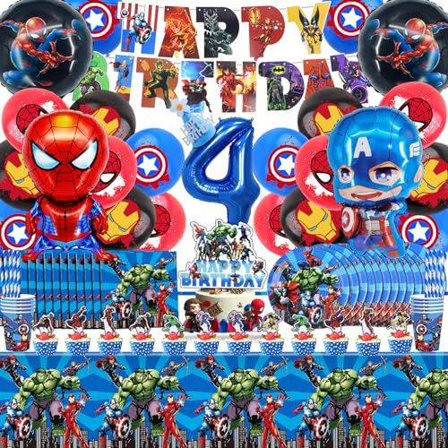 101 Stück Superhelden Partygeschirr Geburtstagsdeko Set 4 Jahre, Avengers Deko Geburtstag 4 Jahre, Superhelden 4 Jahre Party Dekoration Supplies Geschirr Teller Geburtstagshut Tischdecke Servietten von MIUNUO