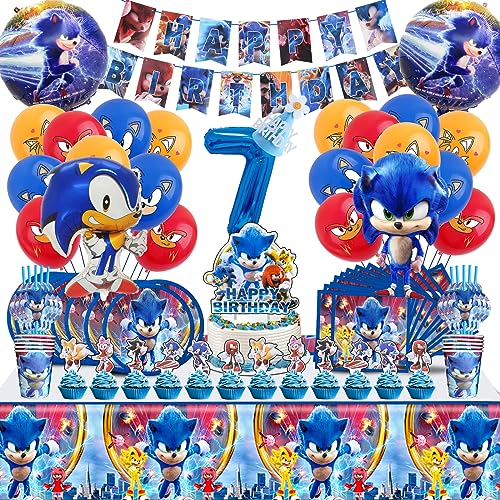 Sonic 7 jahre Geburtstag Luftballons, Sonic Geburtstag Party Set, 7 jahre Sonic Geburtstagsdeko 100-teiliges Partygeschirr Pappteller, Tischdecke, Servietten, Pappbecher, Tortendeko, Luftballons von MIUNUO