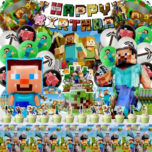 80pcs Minecr Geburtstag Deko, Luftballons Minecr, Kinder Geburtstagsdeko, Kuchen Spiel Dekoration, Kinder Party Geburtstag Dekoration Banner Tischdecke von MIUNUO