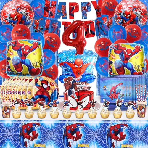 110PCS 4 Jahre Spiderma Geburtstagsdeko Ballons, 4 Jahre Spiderma Partygeschirr Geburtstag, Spiderma Partygeschirr Kindergeburtstag Junge, Enthält Luftballons, Teller, Tasse, Tischdecke, Servietten von MIUNUO