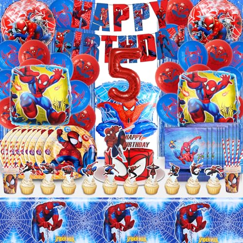 110PCS 5 Jahre Spiderma Geburtstagsdeko Ballons, 5 Jahre Spiderma Partygeschirr Geburtstag, 5 Jahre Spiderma Partygeschirr Kindergeburtstag Junge, Enthält Luftballons , Teller, Tasse, Tischdecke von MIUNUO