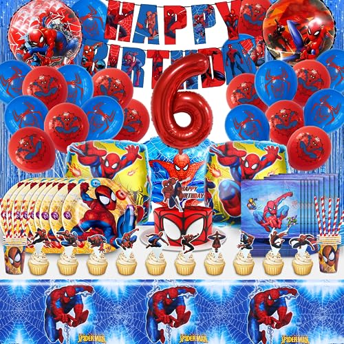 110PCS 6 Jahre Spiderma Geburtstagsdeko Luftballons, 6 Jahre Spiderma Partygeschirr Geburtstag, 6 Jahre Spiderma Partygeschirr Kindergeburtstag Junge, Enthält Teller, Tasse, Tischdecke, Servietten von MIUNUO