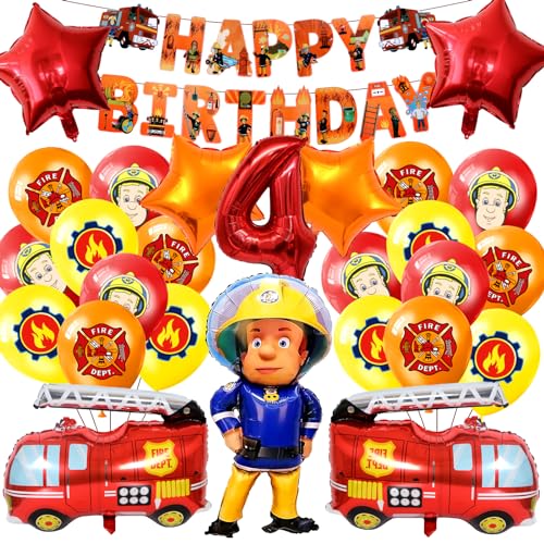 Feuerwehrmann Luftballon, Feuerwehrmann Deko Geburtstag,Feuerwehrmann Folienballon, Latexballon, Feuerwehrmann Deko Kindergeburtstag,für 4 Jahre Kinder Party Supplies von MIUNUO