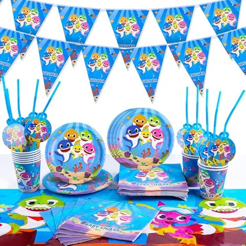 MIUNUO Baby Shark Partygeschirr, Baby Shark Geburtstagsdeko, Baby Shark Party Geschirr Set, Shark Party Supplies, Baby Shark Teller Pappbecher Servietten für Kinder Geburtstag 10 Gäste von MIUNUO