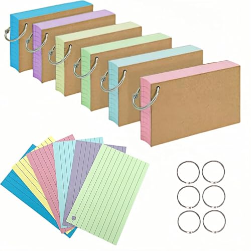 Lernkarten, 300 Stück, Revisionskarten, 12,7 x 7,6 cm, Kraftpapier, Notizkarten mit 6 Metallbinderringen, mehrfarbig, doppelseitig, Flshcards für Büro, Zuhause, Schule, Lernaufzeichnungen von MIUTME
