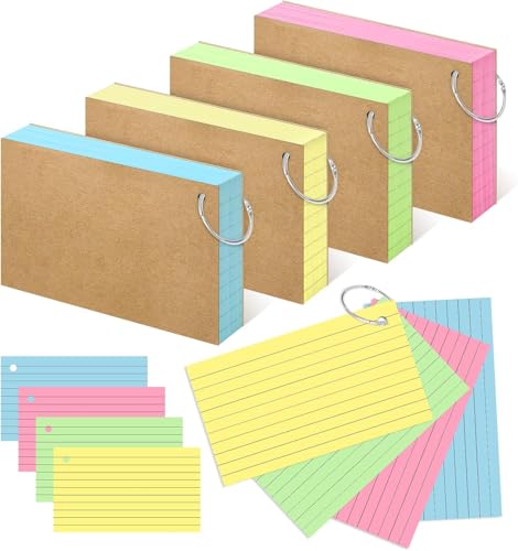 MIUTME Karteikarten mit Ring, 7,6 x 12,7 cm, farbige Karteikarten, liniert auf beiden Seiten, Notizkarten, Lernkarten, schwere Notizkarten für Studium, Schule, Universität, 300 Stück (6 Farben) von MIUTME