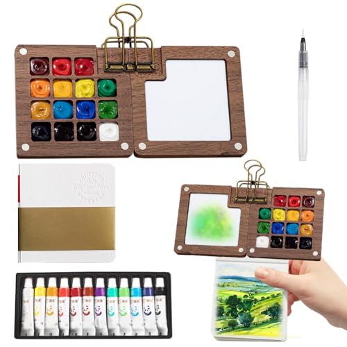 Mini Aquarell Set, 12 Farben Pocket Aquarell Set, Tragbares Holz Skizzenbuch Palette, Reise Aquarellpalette mit Clip, Aquarell Malkasten, Mini Palette für Künstler und Studenten(15 Gitter) von MIUUIPI