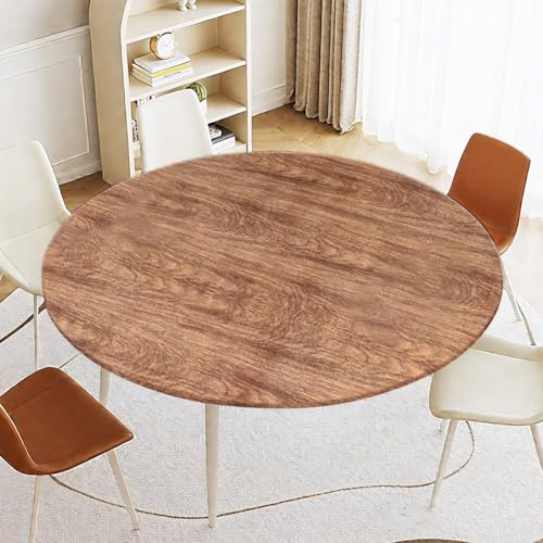 Tischdecke Abwaschbar Rund 110cm, Elastisch Tischdecke, Garten tischdecke mit Gummizug, Outdoor 3D-Druck Tischdecken Ideal für 90cm-110cm (Braune Holzfarbe) von MIUUIPI
