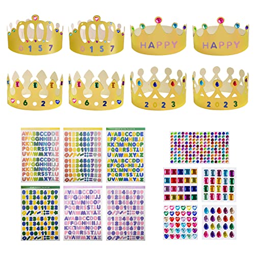 MIVAIUN 8 Stück Goldene Papierkrone, DIY Partyhüte Set mit 6 Blätter Alphanumerische Aufkleber und 5 Blätter Selbstklebende Strasssticker, Party Kronehut für Junge Mädchen, Geburtstagsparty (8 Stück) von MIVAIUN