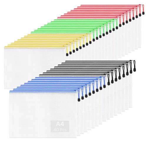 MIVIDE 40 Stück Dokumententasche A4, Dokumentenmappe Reißverschluss Wasserdicht, 5 Farben Dokumententasche Reißverschluss a4 für Dokumente, Quittung, Papier, Schreibwaren (34 x 24 cm) von MIVIDE