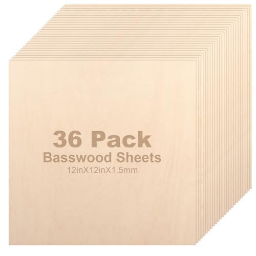 MIVIDE Lindenholzplatten, 36 Stück, 0,6 cm, 30,5 x 30,5 x 0,6 cm, Bastel-Sperrholzplatten, 1,5 mm Lindenholz zum Laserschneiden, Sperrholzplatte, unlackiertes Holz für Handwerk, DIY, Ornamente und von MIVIDE