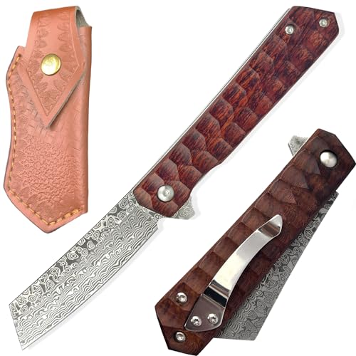 MIWOOHO Klappmesser Damast Taschenmesser mit Clip Damastmesser mit Damaststahl Klinge, Holzgriff, Flipper, Messerscheide Leder Angelmesser Scharf Einhandmesser EDC Messer Survival messer von MIWOOHO
