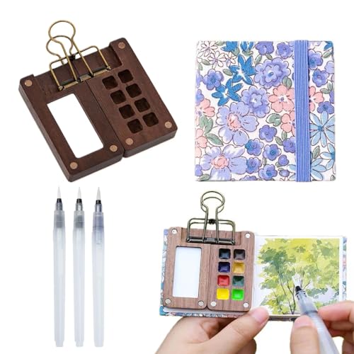 Tragbares Skizzenbuch-Paletten-Set – 8 Fächer, Mini-Holz-Malpalette für Gouache, Acrylmalerei – kommt mit Aquarell-Papier-Tagebuch, Pinselstiften und Clip Tragbares Skizzenbuch-Paletten-Set – 8 Fächer, Mini-Holz-Malpalette für Gouache, Acrylmalerei – kommt mit Aquarell-Papier-Tagebuch, Pinselstiften und Clip von MIXJOY