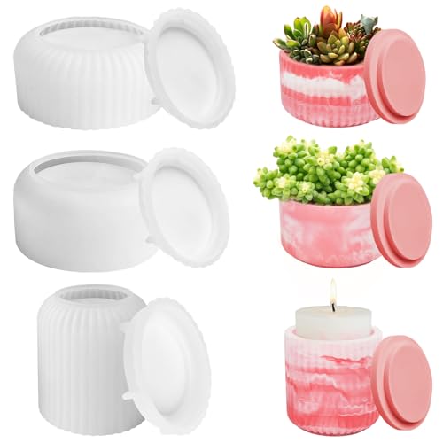 3 Stück Silikonform Kerzenhalter, Gießform Rund Mit Deckel, Schale für Beton Gießformen Gestreifte Vase für Blumentöpfe, Duftkerzen, DIY Harzguss, Heimdekor von MIYUANGKJ