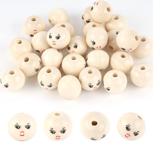 MIYUANGKJ Holzperlen Mit Gesicht, 100 Stück Lächeln Holzperle 20mm Rund Groß Für DIY Schmuck Bastelzubehör (Eyelashes) von MIYUANGKJ