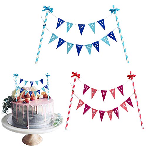HUSZZM 2pcs Happy Birthday Girlande Cake Topper Tortendeko Geburtstag Kuchen Deko Kuchengirlande Wimpelkette für Mädchen Jungen Torten Kindergeburtstag Party Rosa & Blau von HUSZZM