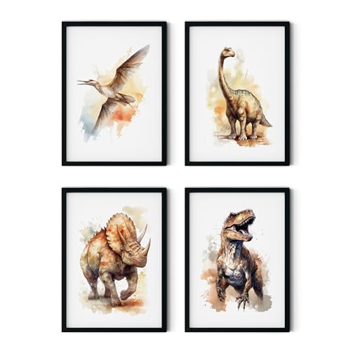 MJ-GRAPHICS® Poster Set Dinosaurier Jungen Kinderzimmer & Spielzimmer Poster Kinderzimmer Deko, 4xA4 Babyzimmer Bilder Wanddeko Babyzimmer Dino Deko Bilder Kinderzimmer Deko Dino-Welt ohne Rahmen von MJ-GRAPHICS