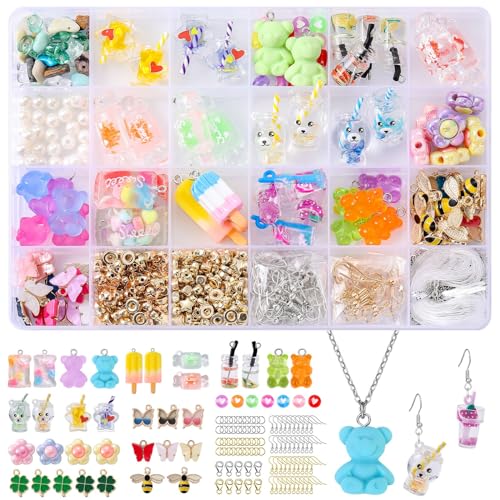 MJARTORIA Charms Anhänger Set, Schmetterling Bär Bubble Tea Edelstein Kleeblatt, Schmuck Selber Machen Set für Ohrringe Armband Halskette Schlüsselanhänger, DIY Geschenk für Kinder Erwachsene von MJARTORIA