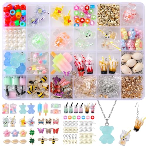MJARTORIA Charms Anhänger Set, Schmetterling Bär Bubble Tea Pony Perlen Kleeblatt, Schmuck Selber Machen Set für Ohrringe Armband Halskette Schlüsselanhänger, DIY Geschenk für Kinder Erwachsene von MJARTORIA