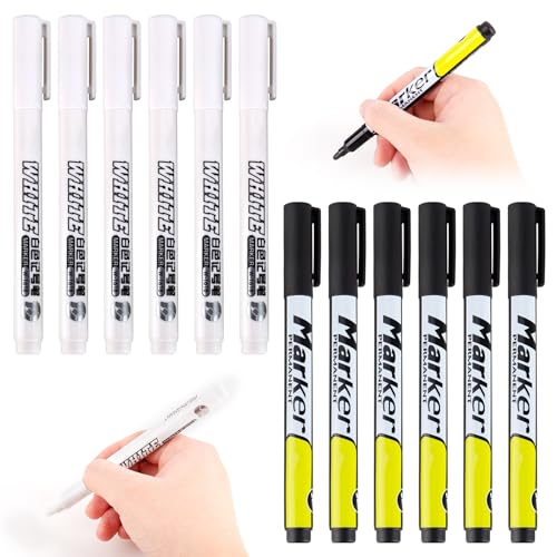 MJFENDAI Weiße Acrylstifte für Steine, 12 Pack 1mm Fine Tip Permanent Marker, Wasserfest Marker Stifte für Steine Holz Metall Leder Keramik Kinder DIY (6 Weiße und 6 Schwarze) von MJFENDAI