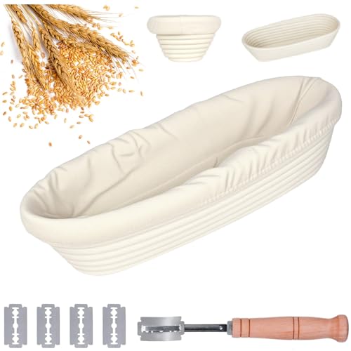 Gärkörbchen Oval, 35cm Brot Gärkörbchen aus Peddigrohr mit Leintüchern, Bäckermesser mit 5 Rasierklinge, Gärkorb Set für Hausbäcker Brot Backen，Ideal zum Brote Backen & Lagern von MJFENDAI