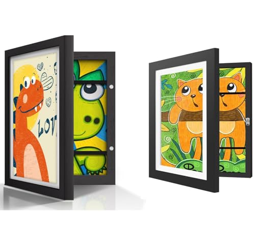 MJFENDAI A5 Bilderrahmen Kinderzeichnungen, Wechselrahmen Aufklappbar, Kids Art Frame Holz Bilderrahmen für Kinderzeichnungen Kinder Kunstrahmen Frontöffnung Kinder Bilderrahmen (A5 Schwarz) von MJFENDAI