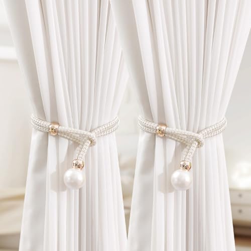 Perlen-Vorhang-Raffhalter – elegante Seilhalter-Clips für Fenstervorhänge, Zuhause, Büro und Hotel-Dekoration (2 Stück) (weiß) von MJLOMJ