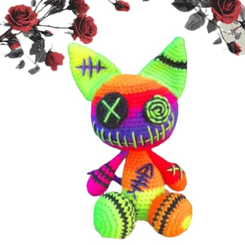 MJOYIS Handgemachte Gehäkelte Zombie-Kätzchen-Puppe, 12 Zoll Große Ausgestopfte Katzen-Plüschpuppe, Süße Halloween-Dekoration, Weiches Garn-Kätzchen-Plüschtier-Geschenk Für Erwachsene(Neon) von MJOYIS