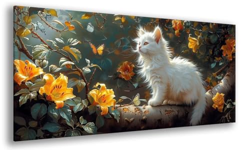 Katze Diamond Painting Erwachsene, Blume Diamant Painting Bilder Erwachsene Kits, 5D Full Drill Mosaikherstellung Art Kit, DIY Runde Steine Strass Kreuzstich für Home Wand Décor 20x40cm, Model 616 von MJXZZOSS
