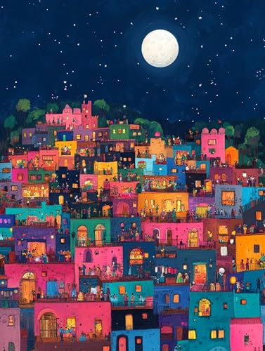 Malen Nach Zahlen Erwachsene Stadt Malen Nach Zahlen Kinder Mond, Paint by Numbers Kreatives für Erwachsene, Handgemalt Ölgemälde Set für Wanddeko Schlafzimmer, Geschenke für Frauen 40x50cm, Model 463 von MJXZZOSS