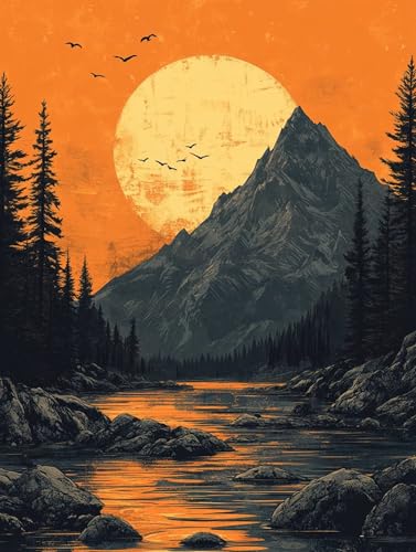 Malen Nach Zahlen Sonnenuntergang, Berg Malen Nach Zahlen Erwachsene, Ölgemälde Kunst Handwerk Kreativ Set für Erwachsene, Paint by Numbers mit Pinsel und Acrylpigment für Deko Wohn 90x120cm,Model 462 von MJXZZOSS