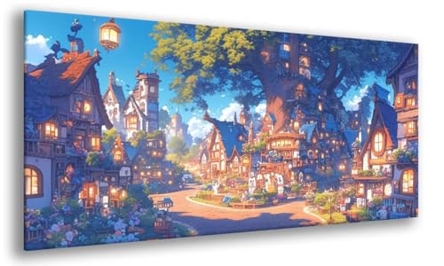 Stadt Diamond Painting Erwachsene, Baumhaus Diamant Painting Bilder Erwachsene Kits, Full Drill Mosaikherstellung Art Kit, Runde Steine Strass Stickerei Kreuzstich für Home Décor 70x140cm, Model 946 von MJXZZOSS