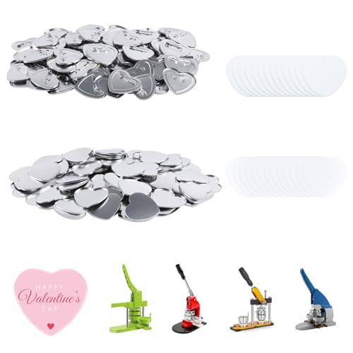 100 Sets leere Herzknopfteile, Pin-Maker-Zubehör für Knopfmacher-Maschine, Herzform, inklusive herzförmiger Metallknopf-Pin-Rückseite, Metallabdeckungen, transparenter Folie und leerem Papier von MK.Bear