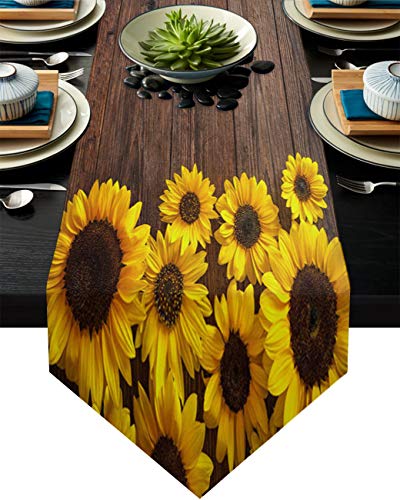 MKAK Holzplanke Sonnenblume Blumen Tischläufer, Hochzeit Party Tischdekoration Zubehör Moderne Homespur auf dem Tisch Tuch Tischläufer(36x183cm) von MKAK