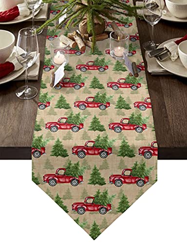 MKAK Weihnachten Bauernhof LKW Rot Auto Weihnachtsbaum Schneeflocke Tischläufer, Weihnachtsdekoration Heimtisch Hochzeit Tischdecke Tischläufer(36x183cm) von MKAK