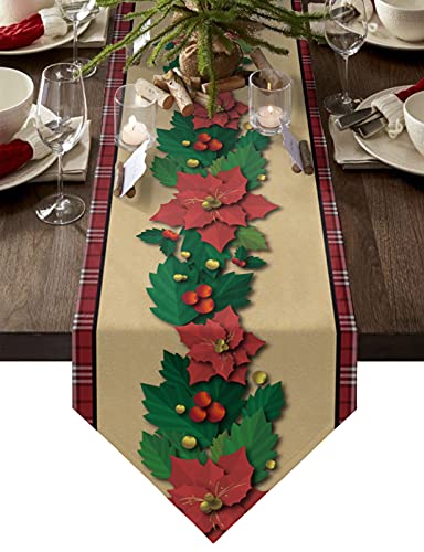 MKAK Weihnachten Blume Poinsettia Plaid Retro Tischläufer, Neujahr Weihnachten Geschenke Home Tischdecke Hochzeit Tischdekorationen Tischläufer(33x178cm) von MKAK